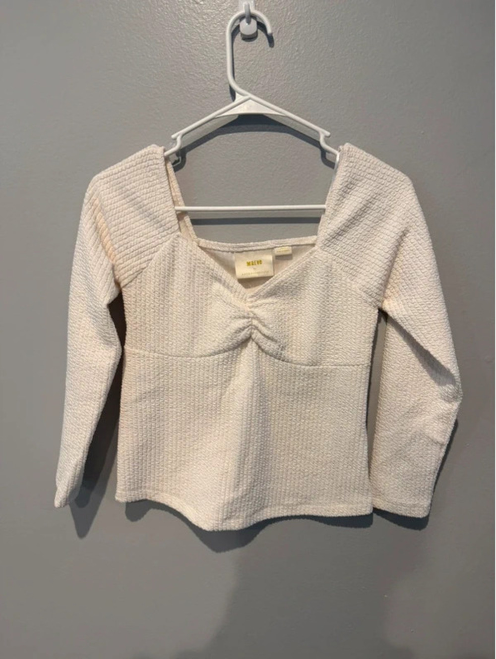 Maeve Anthropologie XSmall Ivory Textured Ruched Sweetheart Long Sleeve Top